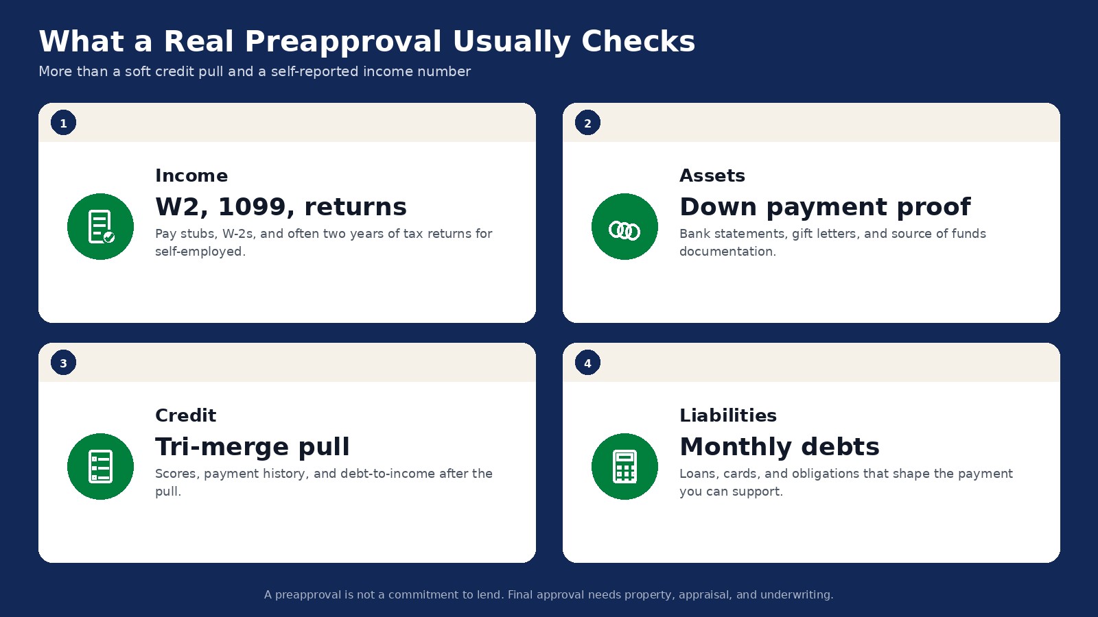 Preapproval checklist covering income, assets, credit, and liabilities