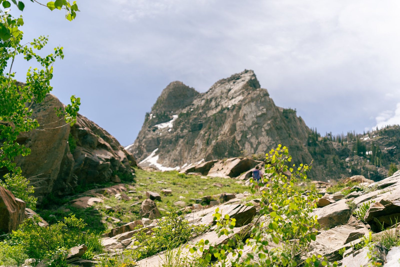 Rocky peak above green slopes in the Wasatch Mountains